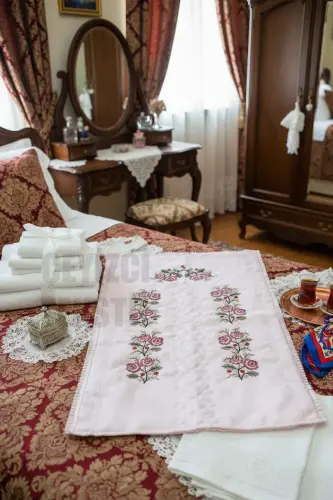 Kanaviçe Işlemeli Etamin Kumaş Tek Seccade - Pudra - Pudra - Mavi 