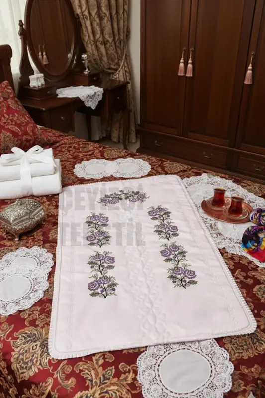 Kanaviçe Işlemeli Etamin Kumaş Tek Seccade - Pudra Zemin Lila Nakışlı - Pudra - Lila - 3