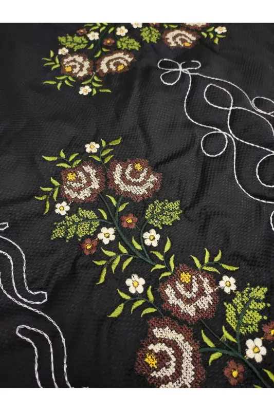 Kanaviçe Işlemeli Etamin Kumaş Tek Seccade - Siyah-Siyah - 3