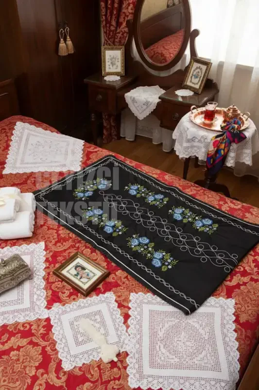 Kanaviçe Işlemeli Etamin Kumaş Tek Seccade - Siyah-Siyah - ÇT ÇEYIZCI TEKSTIL