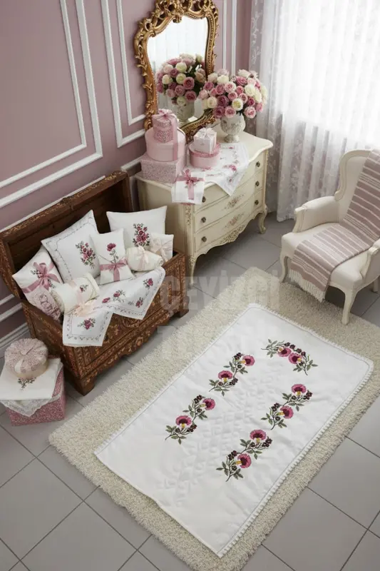 Kanaviçe Karanfil Işlemeli Etamin Kumaş Tek Seccade-Karanfil Kahve Seccade - 1