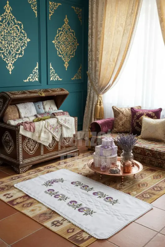 Kanaviçe Karanfil Işlemeli Etamin Kumaş Tek Seccade-Karanfil Lila Seccade - ÇT ÇEYIZCI TEKSTIL