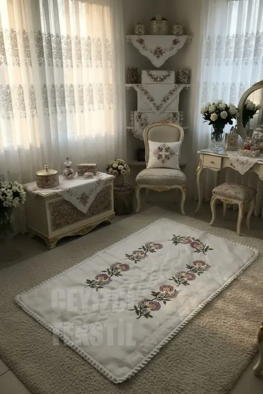 Kanaviçe Karanfil Işlemeli Etamin Kumaş Tek Seccade-Karanfil Pudra Seccade - 1