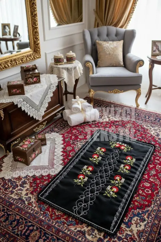 Kanaviçe Karanfil Işlemeli Etamin Kumaş Tek Seccade-Karanfil Siyaha Kırmızı Seccade - ÇT ÇEYIZCI TEKSTIL