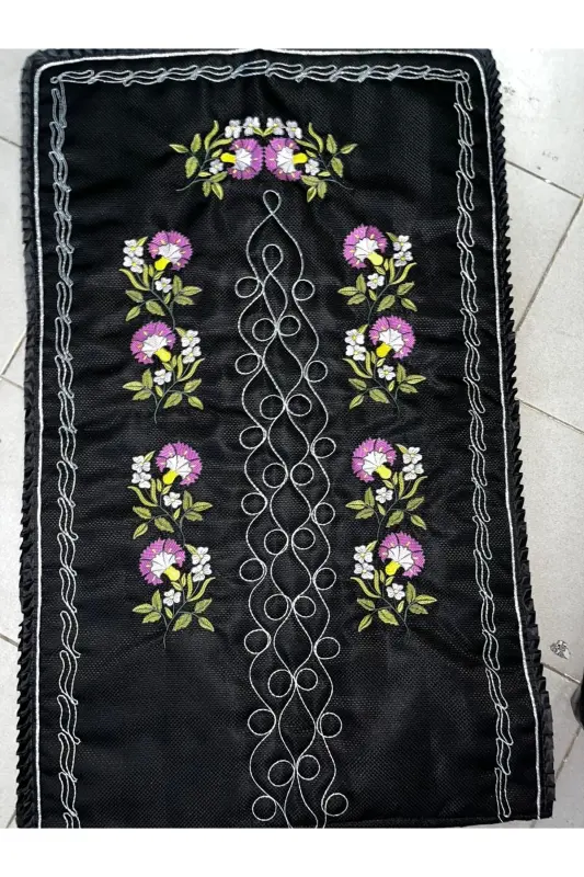 Kanaviçe Karanfil Işlemeli Etamin Kumaş Tek Seccade-Karanfil Siyaha LİLA Seccade Renkli - 2