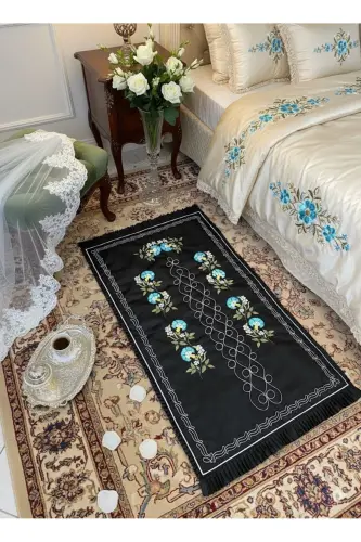 Kanaviçe Karanfil Işlemeli Etamin Kumaş Tek Seccade-Karanfil Siyaha TURKUAZ MAVİ Seccade 
