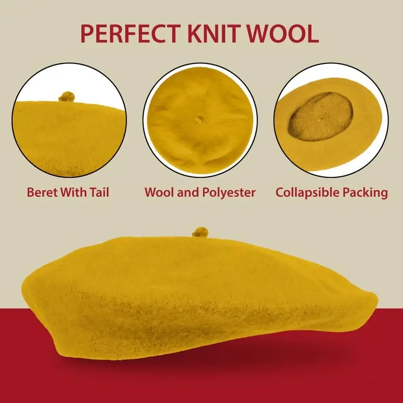 Kangaroo Vintage French Beret - Erkaklar va ayollar uchun unisex jun shlyapa, Cosplay, kostyumlar partiyasi, Parij moda aksessuari - 5