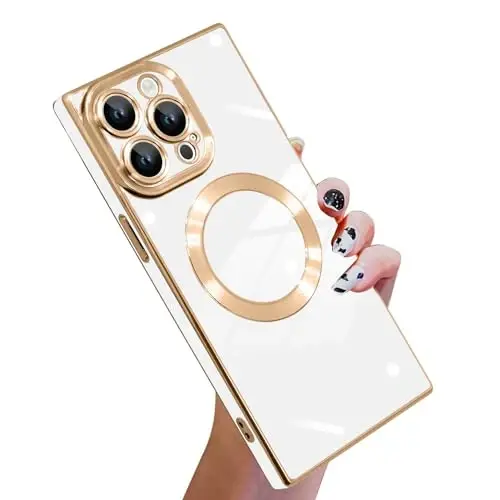 KANGHAR Case Designed for iPhone 15 Pro Max Magnetic White | [Compatible with MagSafe] Luxury Cute Plating Design Case Full-Body Anti-Scratch Shockproof Bumper Protective Cover 