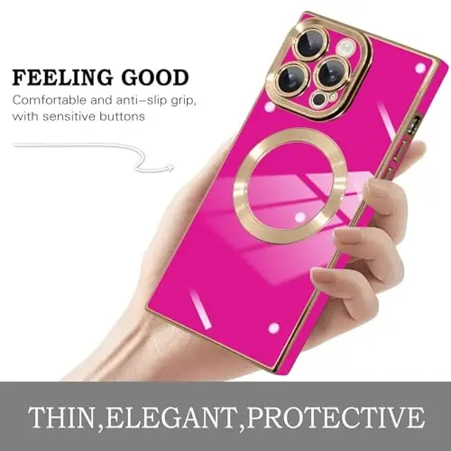 KANGHAR Case Designed for iPhone 14 Pro Max Magnetic [Compatible with MagSafe] Luxury Cute Plating Design Case Full-Body Anti-Scratch Shockproof Bumper Protective Cover Hot Pink - 5