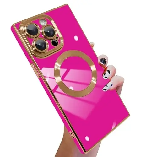 KANGHAR Case Designed for iPhone 14 Pro Max Magnetic [Compatible with MagSafe] Luxury Cute Plating Design Case Full-Body Anti-Scratch Shockproof Bumper Protective Cover Hot Pink 
