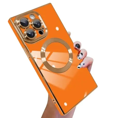 KANGHAR Case Designed for iPhone 14 Pro Max Magnetic [Compatible with MagSafe] Luxury Cute Plating Design Case Full-Body Anti-Scratch Shockproof Bumper Protective Cover Orange 