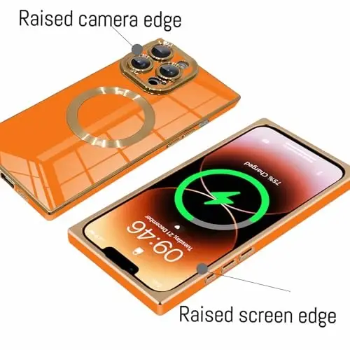 KANGHAR Case Designed for iPhone 14 Pro Max Magnetic [Compatible with MagSafe] Luxury Cute Plating Design Case Full-Body Anti-Scratch Shockproof Bumper Protective Cover Orange - 4
