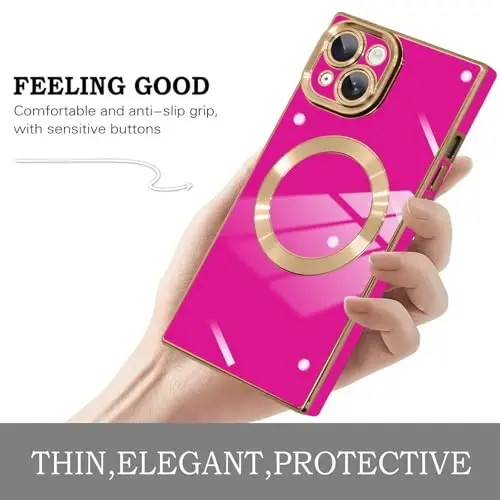KANGHAR Case Designed for iPhone 15 Magnetic [Compatible with MagSafe] Luxury Cute Plating Design Case Full-Body Anti-Scratch Shockproof Bumper Protective Cover Hot Pink - 4