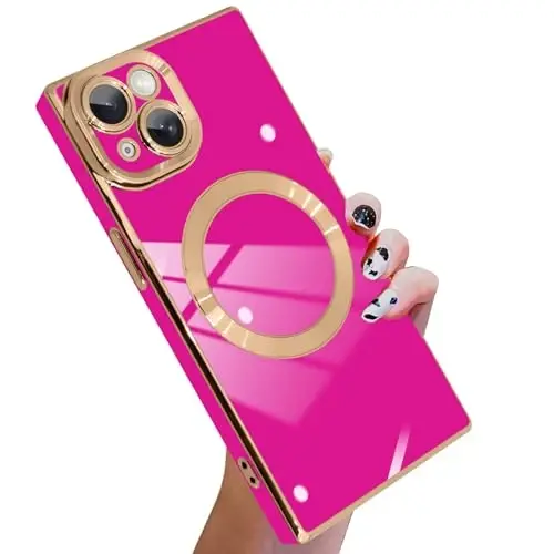 KANGHAR Case Designed for iPhone 15 Magnetic [Compatible with MagSafe] Luxury Cute Plating Design Case Full-Body Anti-Scratch Shockproof Bumper Protective Cover Hot Pink - KANGHAR