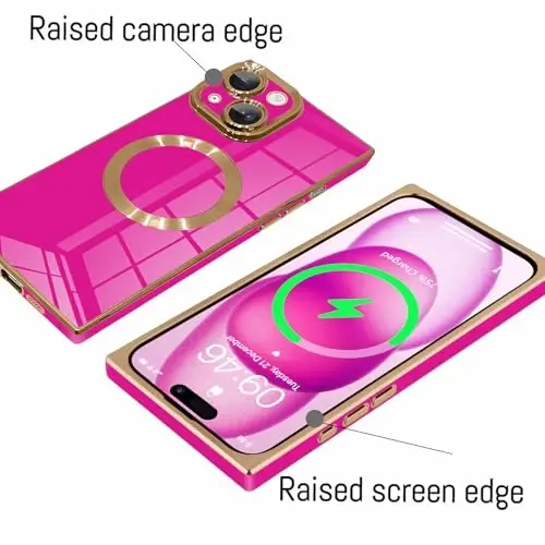 KANGHAR Case Designed for iPhone 15 Magnetic [Compatible with MagSafe] Luxury Cute Plating Design Case Full-Body Anti-Scratch Shockproof Bumper Protective Cover Hot Pink - 4