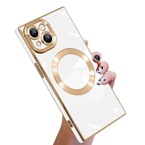 KANGHAR Case Designed for iPhone 15 Magnetic [Compatible with MagSafe] Luxury Cute Plating Design Case Full-Body Anti-Scratch Shockproof Bumper Protective Cover White - 1