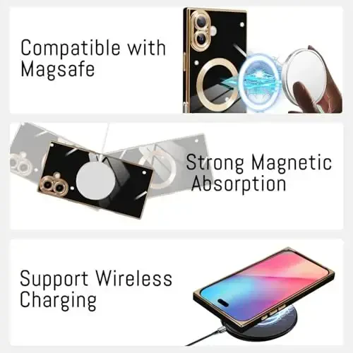 KANGHAR Case Designed for iPhone 16 Magnetic [Compatible with MagSafe] Luxury Cute Plating Design Case Full-Body Anti-Scratch Shockproof Bumper Protective Cover Black - 5