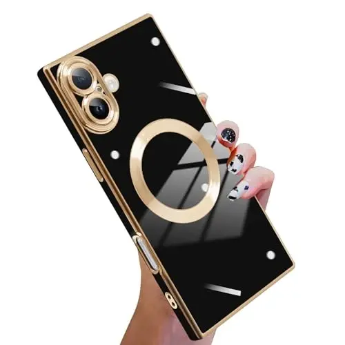 KANGHAR Case Designed for iPhone 16 Magnetic [Compatible with MagSafe] Luxury Cute Plating Design Case Full-Body Anti-Scratch Shockproof Bumper Protective Cover Black - 1
