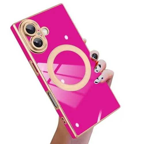 KANGHAR Case Designed for iPhone 16 Magnetic [Compatible with MagSafe] Luxury Cute Plating Design Case Full-Body Anti-Scratch Shockproof Bumper Protective Cover Hot Pink - 1