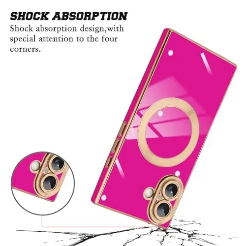 KANGHAR Case Designed for iPhone 16 Magnetic [Compatible with MagSafe] Luxury Cute Plating Design Case Full-Body Anti-Scratch Shockproof Bumper Protective Cover Hot Pink - 3