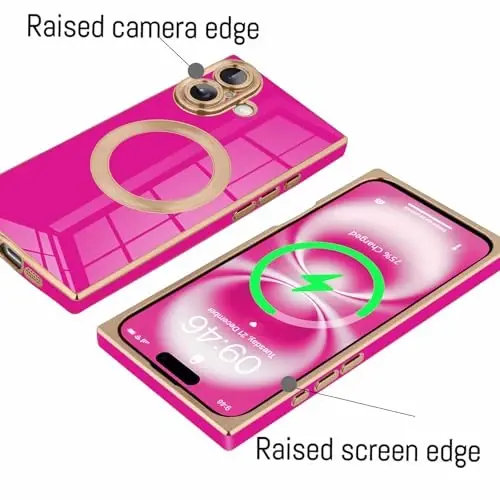 KANGHAR Case Designed for iPhone 16 Magnetic [Compatible with MagSafe] Luxury Cute Plating Design Case Full-Body Anti-Scratch Shockproof Bumper Protective Cover Hot Pink - 4
