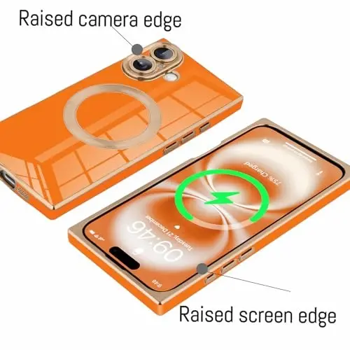 KANGHAR Case Designed for iPhone 16 Magnetic [Compatible with MagSafe] Luxury Cute Plating Design Case Full-Body Anti-Scratch Shockproof Bumper Protective Cover Orange - 3