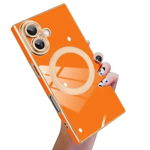KANGHAR Case Designed for iPhone 16 Magnetic [Compatible with MagSafe] Luxury Cute Plating Design Case Full-Body Anti-Scratch Shockproof Bumper Protective Cover Orange 