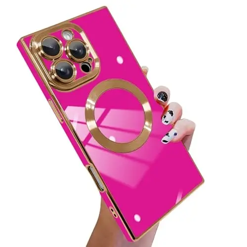 KANGHAR Case Designed for iPhone 16 Pro Max Magnetic [Compatible with MagSafe] Luxury Cute Plating Design Case Full-Body Anti-Scratch Shockproof Bumper Protective Cover Hot Pink - 1