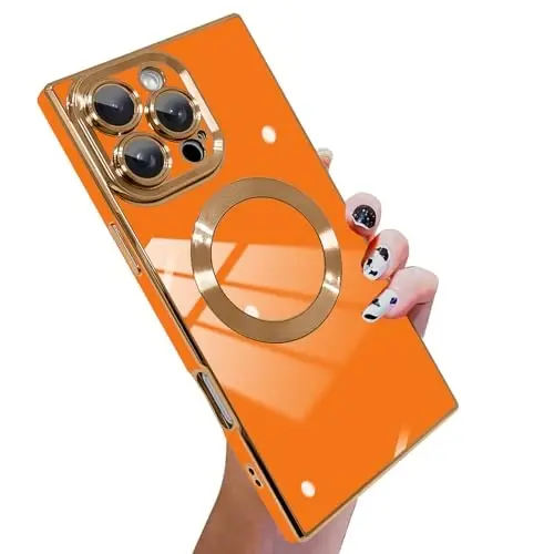 KANGHAR Case Designed for iPhone 16 Pro Max Magnetic [Compatible with MagSafe] Luxury Cute Plating Design Case Full-Body Anti-Scratch Shockproof Bumper Protective Cover Orange - 1