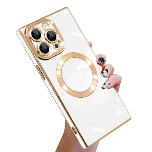 KANGHAR Case Designed for iPhone 16 Pro Max Magnetic [Compatible with MagSafe] Luxury Cute Plating Design Case Full-Body Anti-Scratch Shockproof Bumper Protective Cover White - KANGHAR