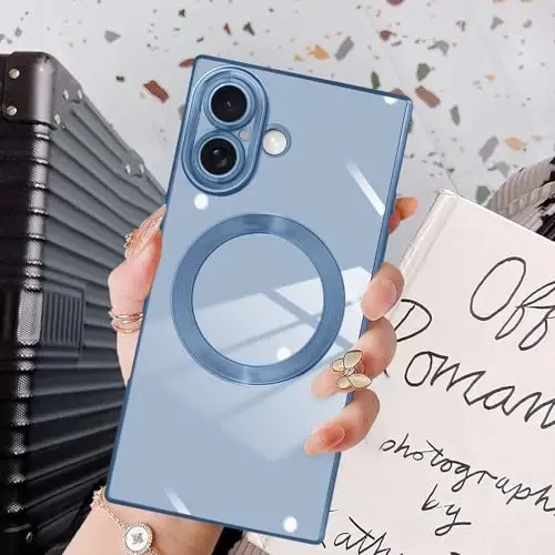 KANGHAR Case Designed for iPhone 17 Magnetic [Compatible with MagSafe] Luxury Cute Plating Design Case Full-Body Anti-Scratch Shockproof Bumper Protective Cover Blue 