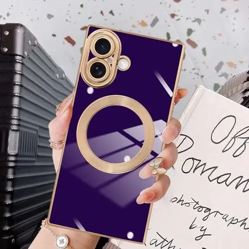 KANGHAR Case Designed for iPhone 17 Magnetic [Compatible with MagSafe] Luxury Cute Plating Design Case Full-Body Anti-Scratch Shockproof Bumper Protective Cover Dark Purple - KANGHAR