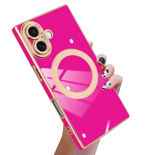 KANGHAR Case Designed for iPhone 17 Magnetic [Compatible with MagSafe] Luxury Cute Plating Design Case Full-Body Anti-Scratch Shockproof Bumper Protective Cover Hot Pink - 1
