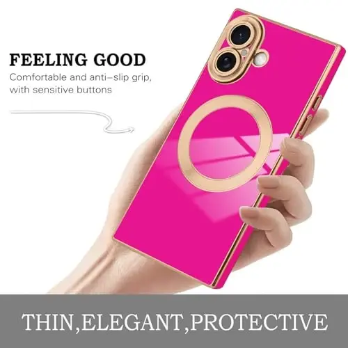 KANGHAR Case Designed for iPhone 17 Magnetic [Compatible with MagSafe] Luxury Cute Plating Design Case Full-Body Anti-Scratch Shockproof Bumper Protective Cover Hot Pink - 5