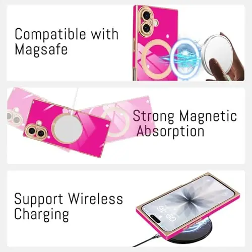 KANGHAR Case Designed for iPhone 17 Magnetic [Compatible with MagSafe] Luxury Cute Plating Design Case Full-Body Anti-Scratch Shockproof Bumper Protective Cover Hot Pink 