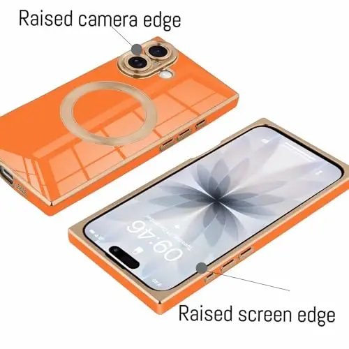 KANGHAR Case Designed for iPhone 17 Magnetic [Compatible with MagSafe] Luxury Cute Plating Design Case Full-Body Anti-Scratch Shockproof Bumper Protective Cover Orange - 4