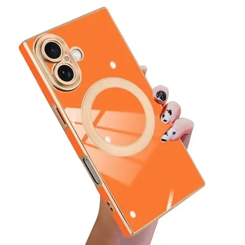 KANGHAR Case Designed for iPhone 17 Magnetic [Compatible with MagSafe] Luxury Cute Plating Design Case Full-Body Anti-Scratch Shockproof Bumper Protective Cover Orange 