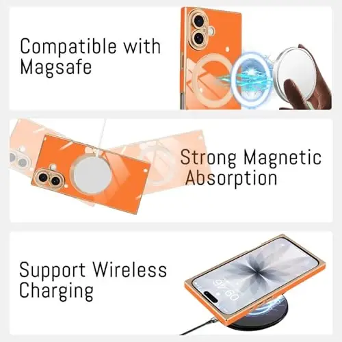 KANGHAR Case Designed for iPhone 17 Magnetic [Compatible with MagSafe] Luxury Cute Plating Design Case Full-Body Anti-Scratch Shockproof Bumper Protective Cover Orange 