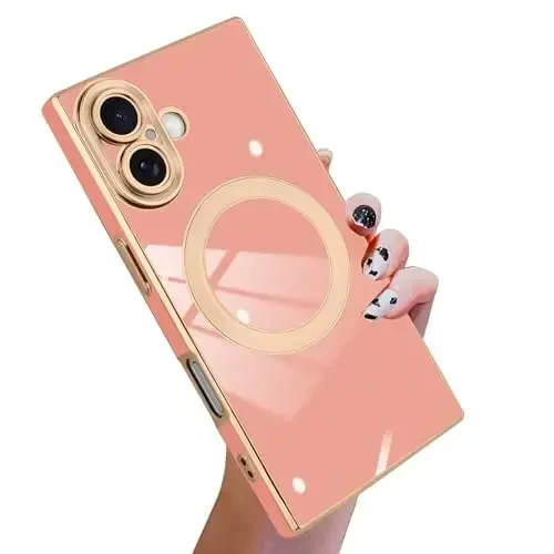 KANGHAR Case Designed for iPhone 17 Magnetic [Compatible with MagSafe] Luxury Cute Plating Design Case Full-Body Anti-Scratch Shockproof Bumper Protective Cover Pink - 1