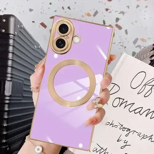 KANGHAR Case Designed for iPhone 17 Magnetic [Compatible with MagSafe] Luxury Cute Plating Design Case Full-Body Anti-Scratch Shockproof Bumper Protective Cover Purple - 6