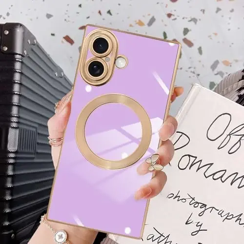 KANGHAR Case Designed for iPhone 17 Magnetic [Compatible with MagSafe] Luxury Cute Plating Design Case Full-Body Anti-Scratch Shockproof Bumper Protective Cover Purple 