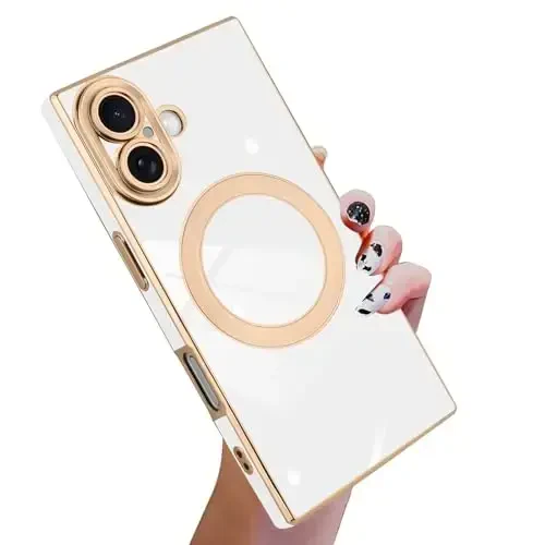 KANGHAR Case Designed for iPhone 17 Magnetic [Compatible with MagSafe] Luxury Cute Plating Design Case Full-Body Anti-Scratch Shockproof Bumper Protective Cover White - 1
