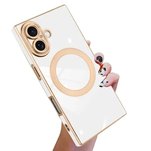 KANGHAR Case Designed for iPhone 17 Magnetic [Compatible with MagSafe] Luxury Cute Plating Design Case Full-Body Anti-Scratch Shockproof Bumper Protective Cover White - 1