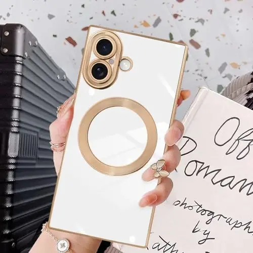 KANGHAR Case Designed for iPhone 17 Magnetic [Compatible with MagSafe] Luxury Cute Plating Design Case Full-Body Anti-Scratch Shockproof Bumper Protective Cover White 