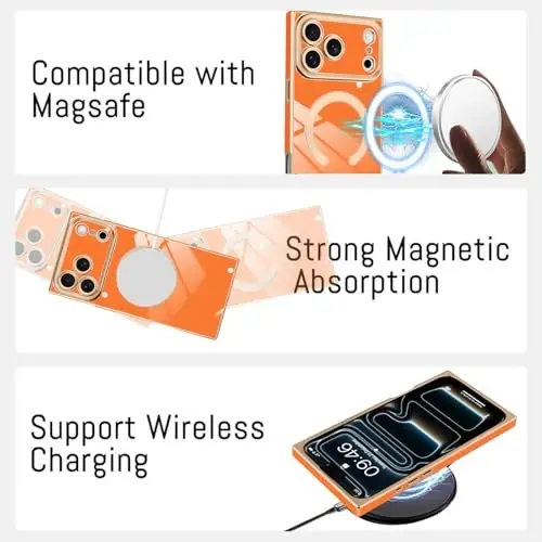 KANGHAR Case Designed for iPhone 17 Pro Magnetic [Compatible with MagSafe] Luxury Cute Plating Design Case Full-Body Anti-Scratch Shockproof Bumper Protective Cover Orange 