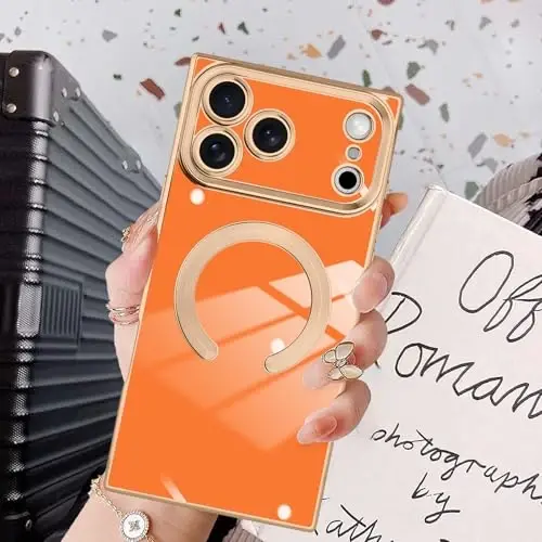 KANGHAR Case Designed for iPhone 17 Pro Magnetic Orange | [Compatible with MagSafe] Luxury Cute Plating Design Case Full-Body Anti-Scratch Shockproof Bumper Protective Cover 