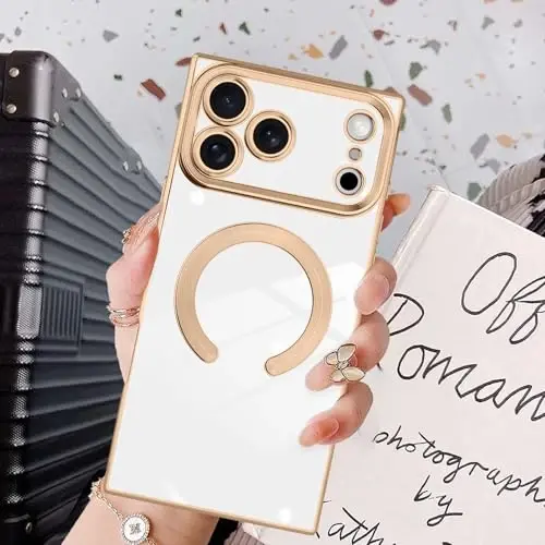 KANGHAR Case Designed for iPhone 17 Pro Magnetic [Compatible with MagSafe] Luxury Cute Plating Design Case Full-Body Anti-Scratch Shockproof Bumper Protective Cover White 