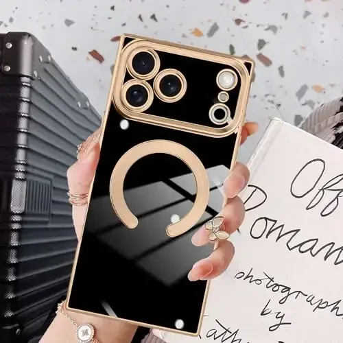 KANGHAR Case Designed for iPhone 17 Pro Max Magnetic [Compatible with MagSafe] Luxury Cute Plating Design Case Full-Body Anti-Scratch Shockproof Bumper Protective Cover Black - 6