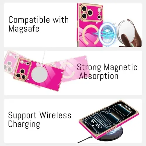 KANGHAR Case Designed for iPhone 17 Pro Max Magnetic [Compatible with MagSafe] Luxury Cute Plating Design Case Full-Body Anti-Scratch Shockproof Bumper Protective Cover Hot Pink 