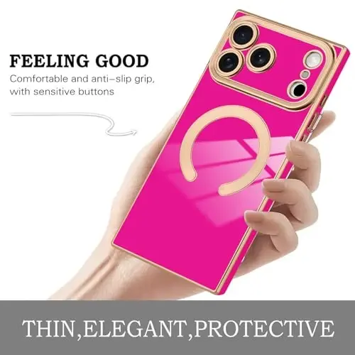KANGHAR Case Designed for iPhone 17 Pro Max Magnetic [Compatible with MagSafe] Luxury Cute Plating Design Case Full-Body Anti-Scratch Shockproof Bumper Protective Cover Hot Pink - 5
